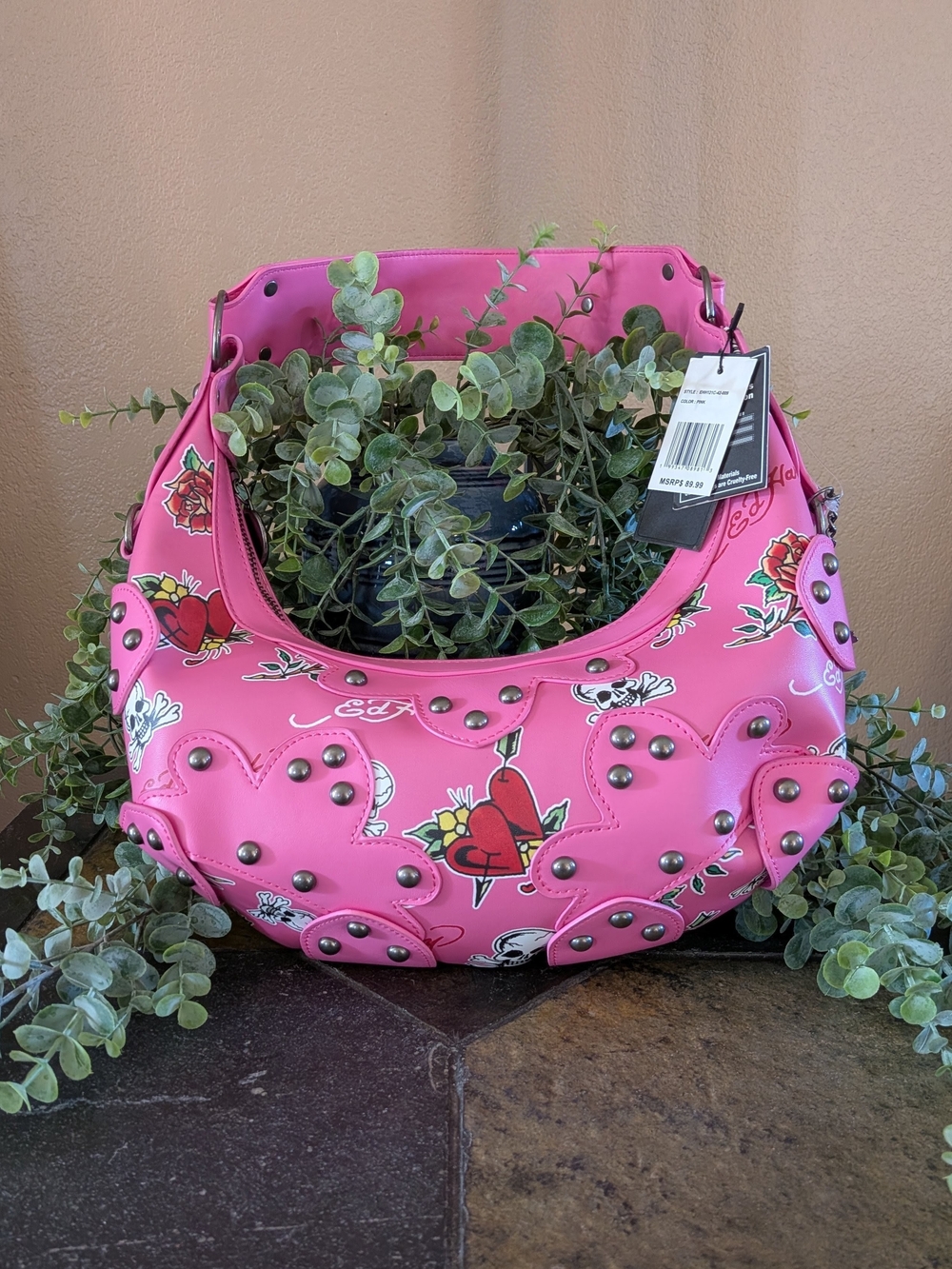 NWT! Ed Hardy Studded Hobo Shoulder Bag - Skulls & Hearts - Pink